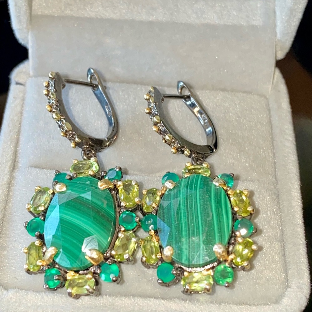Royal Genuine Malachite Earrings with Gemstone Accents - Picture 4 of 14